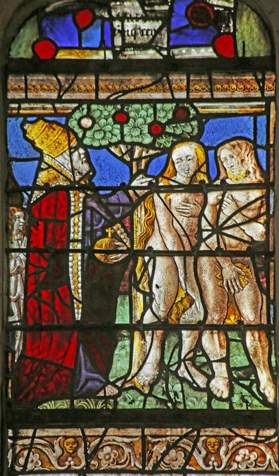 Window depicting Adam and Eve admonished for eating fruit of the Tree of Knowledge by French School